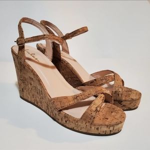 Lulu's Nixie Cork Ankle Strap Criss Cross Peep Toe Wedge Sandals